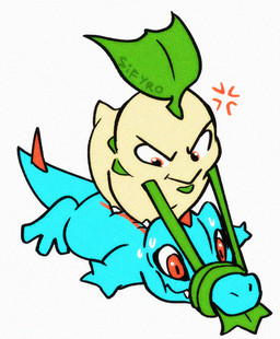 angry blue_body bodily_fluids bound green_body green_skin loaf nervous red_eyes simple_background sweat vine_whip white_background blitzdrachin conditional_dnp nintendo pokemon chikorita generation_2_pokemon pokemon_(species) reptile scalie totodile digital_drawing_(artwork) digital_media_(artwork) tagme