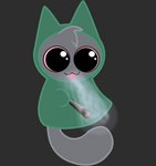 :3 big_eyes cloak clothing drugs green_cloak green_clothing grey_background grey_body male marijuana pink_sclera silly simple_background smile smoke solo tail tongue tongue_out toony young young_male gooblie_2 isaac_(gooblie_ii) domestic_cat felid feline felis mammal hi_res