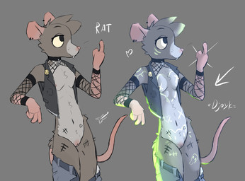alternative_fashion anthro breasts clothed clothing collar female flat_chested genitals jacket marker markings neon_lights neon_sign nude partially_clothed punk sign size_difference skinny sleeves slim slim_female small_breasts smaller_female solo tattoo topwear vulva =djoyk= mammal murid murine rat rodent hi_res