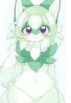 :< abstract_background anthro anthrofied big_eyes blush breasts eyelashes eyelashes_through_hair featureless_crotch female fluffy green_body green_hair hair inner_ear_fluff kemono looking_at_viewer navel nude pokemorph purple_eyes solo translucent translucent_hair tuft under_boob kuzuyu nintendo pokemon felid feline generation_9_pokemon mammal pokemon_(species) sprigatito hi_res