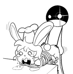 anal anal_penetration anthro arms_tied bodily_fluids bound buckteeth chef chef_hat clothing duo forced fur hat headgear headwear male male/male penetration rope scut_tail sex short_tail stick_figure tail tears teeth white_body white_fur anonymous_artist 4chan save_the_princess anon human humanoid lagomorph leporid mammal rabbit black_and_white monochrome