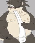 anthro asian_clothing balls_outline belly biped bulge clothing detailed_bulge east_asian_clothing facial_scar fundoshi fur genital_outline grey_body grey_fur hair japanese_clothing male male_anthro musclegut muscular nipples pecs ponytail scar solo underwear peto3001 lifewonders tokyo_afterschool_summoners shino_(tas) canid canine canis domestic_dog mammal 4:5 absurd_res hi_res