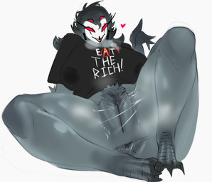 4_eyes 5_fingers anthro anus areola_outline beak big_anus big_breasts biped black_beak black_clothing black_shirt black_topwear bodily_fluids bottomless bottomless_anthro bottomless_female breasts breath clothed clothed_anthro clothed_female clothing crossgender ear_piercing empty_eyes eyelashes feet female female_anthro fingers fur genital_fluids genitals grey_anus grey_body grey_fur grey_pubes heart_symbol mtf_crossgender multi_eye non-mammal_breasts non-mammal_vulva open_beak open_mouth piercing pubes red_eyes scuted_feet scutes shirt simple_background solo spread_legs spreading talons text text_on_clothing text_on_shirt text_on_topwear thick_thighs toes topwear vaginal_fluid_string vaginal_fluids vulva white_background white_face quattrant hellaverse helluva_boss stolas_(helluva_boss) avian bird demon owl owl_demon 2026 digital_media_(artwork) english_text hi_res