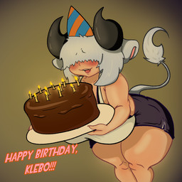 animal_ears bangs big_breasts birthday birthday_cake bottomwear breasts cake candle clothing dessert drawing female food gift hair hair_over_eyes hat headgear headwear horn party_hat presenting shirt short_stack shorts slightly_chubby solo tail tank_top topwear wide_hips klebo nkaiz00 uya_(klebo) animal_humanoid bovid bovid_humanoid human humanoid mammal mammal_humanoid absurd_res hi_res
