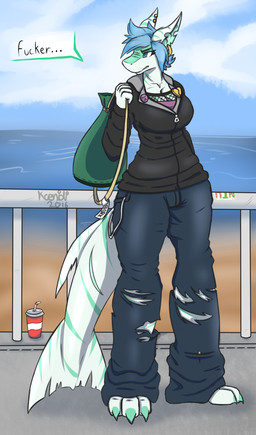 anthro backpack big_breasts bottomwear breasts clothed clothing dialogue ear_piercing female jacket non-mammal_breasts pants piercing profanity sea shirt solo text topwear water kaenidi rebecca_harris_(sushee) aquatic fish shark 2016 english_text hi_res signature