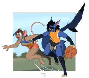 action_pose anthro assisted_exposure ball bandage bandage_on_face bandage_on_nose basketball basketball_(ball) big_tail black_hair blue_body blue_eyes blue_highlights blush bottomwear breasts brown_body brown_hair clothing dribbling duo exposed_breasts female female/female field hair half-closed_eyes highlights_(coloring) hotpants narrowed_eyes nipples outdoor_background pose ripping_shirt running shirt shirt_grab shorts surprise surprised_expression tail tank_top topwear shellsist erin_(kawfee) fish mammal marine mouse murid murine rodent shark hi_res