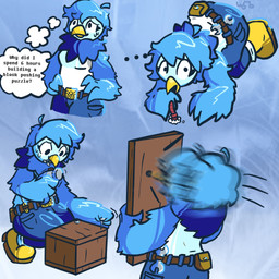 all_fours anthro beak belt blue_body blue_bottomwear blue_clothing blue_feathers blue_hair bottomwear box clothed clothing container crate crouching feathers female hair hammer holding_hammer holding_nail holding_object holding_tool nail pecking solo text thought_bubble tools topwear white_clothing white_topwear wings wooden_crate yellow_beak wubadubdub120 undertale_yellow martlet_(undertale_yellow) avian bird worm 1:1 2024 digital_media_(artwork) english_text hi_res multiple_images