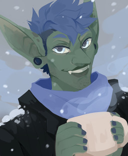 black_clothing black_jacket black_topwear blue_clothing blue_eyes blue_hair blue_topwear clothed clothing container cup ear_piercing fangs gauged_ear glistening glistening_eyes green_body green_skin hair holding_container holding_cup holding_object jacket looking_at_viewer male piercing sidecut simple_background snow snowing solo teeth topwear unsigned corzh77 humanoid absurd_res bust_portrait hi_res portrait