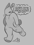 ambiguous_gender anthro blush fluffy hand_in_pocket pockets slightly_chubby small_tail solo tail text thought_bubble walking whiskers fishtins lagomorph leporid mammal rabbit english_text hi_res monochrome