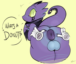 anus anus_focus backsack balls big_balls dialogue disembodied_hand duo genitals green_eyes gynomorph horn intersex puckered_anus puffy_anus purple_body scarf shortstack shortstack_gynomorph shortstack_intersex simple_background solo_focus text yellow_sclera ota_(artist) kobold scalie 2019 digital_media_(artwork) english_text hi_res