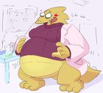 anthro barefoot belly big_belly big_breasts blush blush_stickers bodily_fluids bottomless breasts chalkboard clothed clothing coat detailed_background dialogue eyewear featureless_crotch feet female flying_sweatdrops glasses information_board lab_coat laboratory non-mammal_breasts obese obese_anthro obese_female open_mouth overweight overweight_anthro overweight_female panicking rumbling_stomach scales solo spines sweat sweatdrop sweater tail tail_spines text thick_tail three-quarter_view topwear white_spines wide_hips yellow_body yellow_scales kappacuddle undertale undertale_(series) alphys lizard reptile scalie english_text spot_color