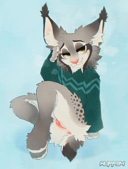 andromorph anthro anus big_clitoris bodily_fluids bottomless breath clitoris clothed clothing fluffy fur genital_fluids genitals grey_body grey_fur intersex male simple_background solo sweater sweater_only topwear topwear_only vaginal_fluids vulva whiskers wuff34 disney zootopia pawbert_lynxley canada_lynx felid feline lynx mammal hi_res trans_(lore) trans_man_(lore)