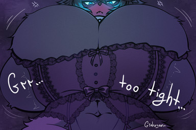 abs big_breasts breasts clothing cuff_(restraint) female fur glowing glowing_eyes hair huge_breasts hyper hyper_breasts inflated_breasts inflation lingerie looking_at_viewer looking_down multicolored_body multicolored_fur multicolored_hair one_eye_obstructed outgrowing_clothes restraints seductive shackled_neck shackles shaking solo tremble_spikes trembling two_tone_body two_tone_fur two_tone_hair conditional_dnp giahryan animal_humanoid felid felid_humanoid feline feline_humanoid humanoid mammal mammal_humanoid 3:2