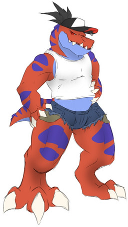 3_toes 4_fingers anthro bottom_heavy bottomwear clothing fangs feet fingers hand_on_belly hat headgear headwear looking_at_viewer male muscular muscular_arms muscular_male red_eyes shirt shorts solo standing stripes tank_top teeth thick_thighs toes topwear underbite axolewdl kenzie_(axolewdl) dinosaur prehistoric_species reptile saurischian scalie theropod tyrannosaurid tyrannosauroid tyrannosaurus