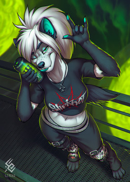 anthro biohazard_symbol black_body black_bottomwear black_claws black_clothing black_fur black_nose black_pants black_tail black_topwear blue_tongue bottomwear can claws clothed clothing container eyelashes fangs female female_anthro freckled_face freckles front_view fur green_eyes hair hazard_symbol high-angle_view holding_can holding_container holding_object jewelry logo mouth_closed necklace one_eye_closed pants solo standing symbol tail teeth tongue topwear white_body white_fur white_hair cereus93 monster_energy tasha_lisets hyena mammal absurd_res artist_logo full-length_portrait hi_res portrait signature
