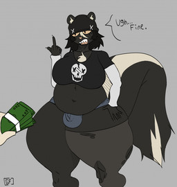 5_fingers acceptance ambiguous_gender angry anthro beanie belly big_belly big_breasts big_butt black_beanie black_body black_clothing black_fur black_hair black_hat black_headwear black_shirt black_topwear blue_bottomwear blue_clothing blue_hotpants blue_shorts bottom_heavy bottomwear breasts bulge butt claws clothing crop_top curvy_figure detailed_bulge dialogue duo eyelashes fangs finger_claws fingers first_person_view front_view fur gesture grey_background grin gynomorph gynomorph_focus hair hand_gesture hat headgear headwear highlights_(coloring) hotpants huge_breasts huge_butt huge_thighs intersex intersex_focus long_sleeves looking_at_viewer markings middle_finger money multicolored_body multicolored_fur multicolored_hair navel one_stocking_on pantyhose_rip pink_nose prostitution sharp_teeth shirt short_hair shorts simple_background skull_print skunk_tail slightly_chubby slightly_chubby_anthro slightly_chubby_gynomorph slightly_chubby_intersex smile solo_focus standing tail talking_to_viewer teeth text thick_thighs topwear torn_stocking two_tone_body two_tone_fur two_tone_hair voluptuous voluptuous_anthro voluptuous_gynomorph white_highlights white_markings white_sleeves wide_hipped_anthro wide_hipped_gynomorph wide_hips yellow_sclera ghostfuckrr siouxsie_(ghostfuckrr) mammal mephitid skunk 2023 colored digital_drawing_(artwork) digital_media_(artwork) english_text flat_colors hi_res trans_(lore) trans_woman_(lore)