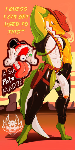 anthro balls bandits bodily_fluids candy cowboy_outfit dessert food foreskin genital_fluids genitals humanoid_genitalia humanoid_penis latex male penis precum presenting presenting_penis smoke solo tail text vein veiny_penis western wild_west nalli glitch_productions the_amazing_digital_circus caine_(tadc) gummigoo_(tadc) alligator alligatorid crocodilian reptile scalie english_text hi_res