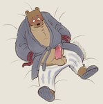 anthro arms_tied bathrobe bdsm bed bondage bound clothing furniture genitals hands_behind_back humanoid_genitalia lying male on_back penis presenting presenting_penis restraints robe rope rope_bondage solo tiredtizzy ernest_(ernest_and_celestine) bear mammal hi_res