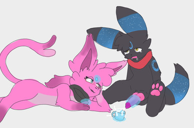 animal_genitalia animal_penis black_body black_ear_tips black_fur black_hair black_scarf black_tail blue_eyes bodily_fluids canine_genitalia canine_penis container cum cum_in_a_cup cum_in_container cup dipstick_ears ear_markings ejaculation eyewear facial_markings fur genital_fluids genitals glasses grey_background hair half-closed_eyes head_markings knot markings multicolored_ears narrowed_eyes open_mouth orgasm_face pawpads penis pink_body pink_fur pink_pawpads pink_tail red_scarf ring_(marking) ringed_tail scarf simple_background striped_markings striped_tail stripes tail tail_markings telekinesis telekinesisjob yellow_eyes star_umbreon nintendo pokemon mary_crystalline_(cyan_stars) star_(star_umbreon) eeveelution espeon generation_2_pokemon pokemon_(species) shiny_pokemon umbreon 2025 hi_res