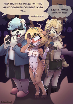 4_fingers 5_fingers ambiguous_gender angry anthro antlers areola award award_ribbon belt belt_buckle biped black_boots black_bottomwear black_clothing black_footwear black_pawpads blonde_hair blue_clothing blue_topwear blush blush_lines bodily_fluids boots bottomwear breasts brown_body brown_clothing brown_fur brown_topwear buckle clapping clenched_teeth clothed clothed/nude clothing color_coded color_coded_speech_bubble constricted_pupils countershade_arms countershade_face countershade_fur countershade_legs countershade_torso countershading crowd dialogue dripping ellipsis embarrassed exhibitionism eyebrow_through_hair eyebrows eyes_closed fangs female female_anthro fingerless_(marking) fingers footwear fur fur_tuft genital_fluids grey_clothing grey_footwear grey_socks group gun gynomorph gynomorph_anthro hair half-closed_eyes hand_on_eye holding_gun holding_object holding_ranged_weapon holding_weapon holidays hooves horn intersex intersex_anthro jacket leaking_precum looking_at_another looking_offscreen male male_anthro markings medium_breasts narrowed_eyes navel nipples nude only_one_nude open_clothing open_hand open_jacket open_mouth open_topwear pasties pawpads plantigrade precum precum_drip profanity public public_nudity pupils ranged_weapon shirt shoes shorts site_marking slippers small_breasts small_pupils smile snout socks speech_bubble spots spotted_body spotted_fur tan_body tan_fur teal_hair teal_hairband teeth text topwear translucent translucent_hair trio_focus tuft unguligrade weapon white_body white_clothing white_fur white_shirt white_topwear lewdles capcom halloween resident_evil undertale_(series) hunter_(lewdles) kello_(lewdles) leon_kennedy sam_(lewdles) sans_(undertale) bear deer domestic_cat felid feline felis mammal new_world_deer polar_bear ursine white-tailed_deer 2025 english_description english_text hi_res shaded signature nonbinary_(lore)