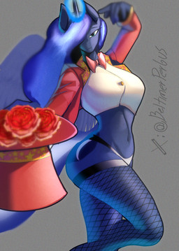 5_fingers anthro anthrofied black_clothing black_panties black_underwear blue_body blue_fur blue_mane blue_tail bow_tie breasts clothing curvy_figure cutie_mark ethereal_hair ethereal_mane ethereal_tail feathered_wings feathers female fingers fishnet_clothing fishnet_legwear fishnet_stockings flower front_view fur grey_background horn legwear long_mane long_tail looking_at_viewer magician magician_hat mane mane_over_eye navel panties plant princess pseudo_hair pseudo_mane rose_(flower) royalty simple_background smile solo tail teal_eyes text thick_thighs underwear unicorn_horn voluptuous voluptuous_anthro voluptuous_female wide_hipped_anthro wide_hipped_female wide_hips wings x_logo beltimerperbus friendship_is_magic hasbro my_little_pony mythology x_(social_media) princess_luna_(mlp) equid equine mammal mythological_creature mythological_equine winged_unicorn 2026 absurd_res artist_name digital_drawing_(artwork) digital_media_(artwork) hi_res signature