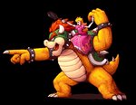 alpha_channel anthro armwear blonde_hair blue_eyes bowser claws clothing cookware crown dress duo elbow_gloves female frying_pan gloves hair handwear headgear horn human kitchen_utensils koopa larger_male male mammal mario_bros mataknight nintendo open_mouth princess_peach red_eyes red_hair scalie shell signature size_difference smaller_female spikes tongue tools