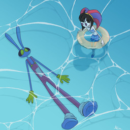 4_fingers anthro clothing cross-eyed duo female fingers looking_at_another male mouthless pattern_clothing pattern_topwear pool_float sea striped_clothing striped_topwear stripes swimming_trunks swimwear topwear underwater water worried screaming_alice glitch_productions the_amazing_digital_circus jax_(tadc) pomni_(tadc) humanoid lagomorph leporid mammal rabbit 1:1 absurd_res hi_res