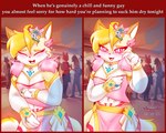 anthro blonde_hair blush clothed clothing femboy fur hair humor laugh male navel open_mouth party pink_eyes public solo text tasticstarlight talia_(tasticstarlight) domestic_cat felid feline felis mammal 5:4 digital_media_(artwork) english_text hi_res meme shaded