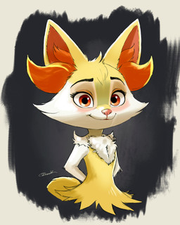 :3 ambiguous_anthro ambiguous_gender anthro arm_tuft biped black_body black_fur blush cheek_tuft chest_tuft eyebrows eyelashes facial_tuft flat_chested front_view fur hands_behind_back inner_ear_fluff looking_at_viewer multicolored_body multicolored_fur nude_ambiguous nude_anthro orange_body orange_eyes orange_fur orange_nose pointy_ears prick_ears shoulder_tuft simple_background small_tail smile solo standing tail tuft white_body white_fur yellow_body yellow_fur yellow_tail zootopiafication zigrock001 nintendo pokemon braixen canid canine fox generation_6_pokemon mammal pokemon_(species) 2024 4:5 digital_drawing_(artwork) digital_media_(artwork) english_description half-length_portrait hi_res portrait shaded signature