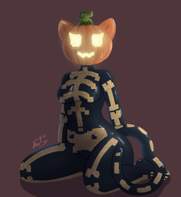 anthro black_body black_bodysuit black_clothing black_skinsuit bodysuit clothing feet female food for_a_head fruit glowing glowing_eyes glowing_mouth hands_behind_back holidays kneeling markings plant pumpkin pumpkin_head simple_background sitting skeleton_(marking) skinsuit solo tail thick_thighs tight_clothing nerty epic_games fortnite halloween spice_(fortnite) felid feline humanoid mammal object_head hi_res
