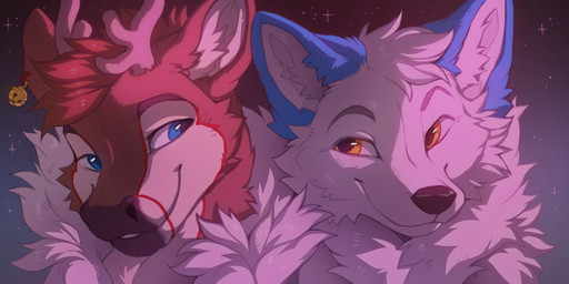 ambiguous_gender anthro antlers biped duo eye_contact front_view fur hair horn inner_ear_fluff looking_aside looking_at_another male simple_background smile teeth tuft hioshiru lydus_(fingarfin) skoll_(wolf-skoll) canid canine canis deer mammal wolf 2026 digital_drawing_(artwork) digital_media_(artwork) female_(lore)