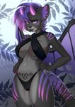 2022 5_fingers anthro breasts clothed clothing day detailed_background digital_media_(artwork) female fingers hair hi_res horn looking_at_viewer membrane_(anatomy) membranous_wings navel nitricacid outside purple_eyes purple_hair smile solo species_request standing wings