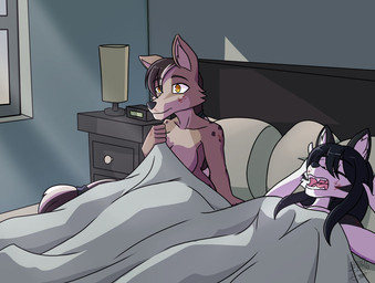 anthro bed bedding blank_stare breasts convenient_censorship duo eyes_closed female female/female furniture hair lying morning multicolored_hair on_bed open_mouth pillow scratch_mark scratches sleeping snoring two_tone_hair under_covers deathzera canid canine canis domestic_dog husky mammal nordic_sled_dog spitz 2021 digital_media_(artwork)