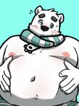 anthro belly black_nose blue_background blue_eyes blush fur humanoid_hands kemono male moobs navel nipples overweight overweight_anthro overweight_male scarf simple_background solo white_body white_fur menmen_kesinn utau shirane_kan bear mammal 2020 3:4