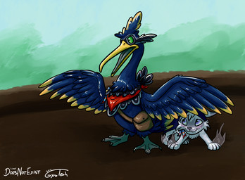 ambiguous_gender avian_feet bag beak blue_body blush duo facial_markings feathered_crest feathered_wings feathers feet feral green_eyes head_crest head_markings markings mask_(marking) membrane_(anatomy) protective ribbons scarf tail tail_feathers toes webbed_feet white_markings wings yellow_markings doesnotexist gyrotech nintendo pokemon fan_character loto_(virulence) thunk_(gyro) avian cramorant generation_8_pokemon generation_9_pokemon pokemon_(species) sprigatito male_(lore)