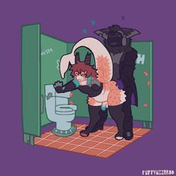 anal anal_penetration anthro bathroom clothed clothing duo eyewear fur genitals glasses grey_body grey_fur heart_symbol horn legwear machine male male/male orange_body orange_fur partially_clothed penetration penis public simple_background thigh_highs puppywizardd mythology castle_(puppywizardd) hack_(shackht) dragon furred_dragon furred_scalie mythological_creature mythological_scalie protogen scalie animated