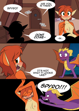 anthro attack belly blush body_swap breasts claws dialogue door duo female feral green_eyes hair horn knocking male nude purple_eyes shocked short_hair text wings furrgroup activision mythology spyro_the_dragon elora spyro dragon faun_(spyro) mythological_creature mythological_scalie scalie comic digital_media_(artwork) english_text hi_res