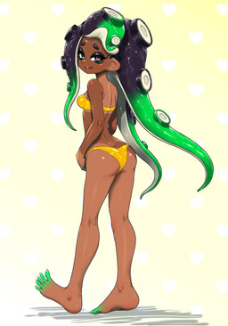 bikini breasts bubble_butt butt clothing female glistening glistening_butt looking_at_viewer not_furry pseudo_hair rear_view simple_background slim small_breasts smile solo suntan swimwear tan_line tentacle_hair tentacles two-piece_swimsuit koharuno2 nintendo splatoon marina_(splatoon) aquatic cephalopod humanoid mollusk octarian octoling hi_res