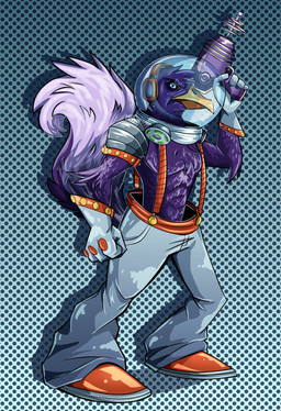 4_fingers ambiguous_gender anthro beak biped clothing dotted_background electronics fingers fluffy fluffy_tail fur gloves handwear headphones holding_object holding_weapon looking_at_viewer orange_beak pattern_background purple_body purple_fur ranged_weapon raygun simple_background solo spacesuit standing tail weapon lamaranias activision crash_bandicoot_(series) stench_(crash_bandicoot) titan_(crash_bandicoot) 2020 full-length_portrait hi_res portrait