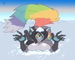 anthro blue_eyes blue_mouth blue_pawpads blue_sclera blue_tongue breasts ear_tuft female fluffy fluffy_tail lightning_bolt_marking looking_at_viewer markings medium_breasts multicolored_markings multicolored_tail open_mouth outside pawpads rainbow_markings rainbow_tail snow solo tail tongue tuft horrified_(artist) stormbreak border_collie canid canine canis collie domestic_dog herding_dog mammal pastoral_dog sheepdog 2024 5:4 absurd_res digital_media_(artwork) hi_res