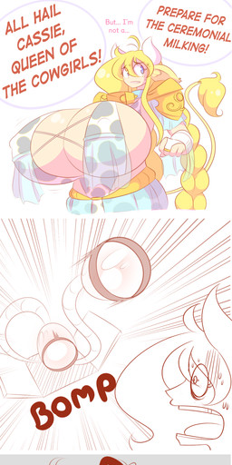 2_horns alternate_form ambiguous_gender animal_print anthro bed big_breasts blonde_hair bodily_fluids breast_curtains breasts clothed clothed_female clothed_humanoid clothing constricted_pupils cow_print cowbell dialogue dream duo female furniture hair horn hucow huge_breasts hyper hyper_breasts light_body light_skin looking_aside lying machine milking_machine motion_lines nightmare nipple_outline on_back open_mouth pillow plushie pupils skimpy small_pupils solo speech_bubble sweat sweatdrop text wide_eyed theycallhimcake cassie_torbjornson humphrey_(theycallhimcake) animal_humanoid animate_inanimate bovid bovid_humanoid bovine bovine_humanoid cattle_humanoid human humanoid lagomorph leporid living_plushie mammal mammal_humanoid rabbit 2015 absurd_res character_name digital_drawing_(artwork) digital_media_(artwork) english_description english_text hi_res long_image tall_image