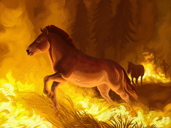 evergreen_tree feral fire forest_fire group melee_weapon pine_tree plant polearm quadruped spear tree weapon agustindiazart equid equine eurasian_steppe_horse horse human mammal 2026 4:3 hi_res