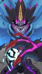 anthro black_body black_sclera cape claws clothing evil_grin horn male powering_up purple_eyes sharp_teeth smile solo teeth ridgeone1 bandai_namco digimon digimon_ghost_game digimon_(species) gulusgammamon hi_res