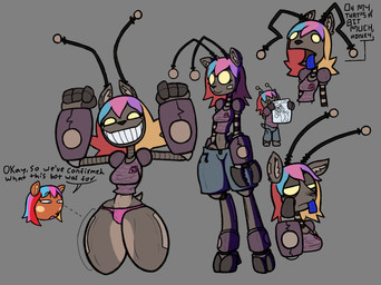 2_toes 4_fingers :3 ambiguous_gender antennae_(anatomy) anthro biped blue_tongue bottomwear breasts bulge clothing denim denim_bottomwear denim_clothing denim_shorts dialogue digitigrade feet fingers grey_background grey_body grey_inner_ear_fluff grin gynomorph half-closed_eyes holding_object inner_ear_fluff intersex machine narrowed_eyes no_pupils open_mouth panties pink_clothing pink_panties pink_underwear purple_clothing purple_shirt purple_topwear scut_tail shirt short_tail shorts simple_background smile snout speech_bubble standing tail teeth_showing text thick_thighs toes tongue tongue_out topwear tuft underwear wide_hips yellow_eyes slitherkitty melbot_(melody_nosurname) melody_nosurname deer mammal robot 2025 english_text hi_res multiple_images trans_(lore) trans_woman_(lore)