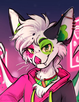 anthro big_ears bright_colors choker clothing collar ear_piercing facial_piercing fangs food fruit hoodie jewelry melon necklace neon_lights nose_piercing piercing plant ring_piercing smile smirk teeth topwear watermelon whiskers wings lonerdemiurge art_fight bat mammal absurd_res hi_res portrait