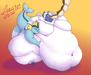 anthro big_butt black_nose blue_body blue_claws blue_skin bow_ribbon breasts butt candy chocolate claws dessert double_chin duo fat_arms fat_grab fat_rolls featureless_breasts female female/female food force_feeding forced fruit funnel_in_mouth fur gem hand_on_belly heart_symbol horn hose ice_cream morbidly_obese morbidly_obese_anthro morbidly_obese_female navel neck_tuft nude obese obese_anthro obese_female overweight overweight_anthro overweight_female plant red_eyes ribbon_only ribbons simple_background strawberry tail thick_tail tuft weight_gain white_body white_fur wide_hips wind yellow_eyes antares_alexanyel nintendo pokemon absol eeveelution generation_1_pokemon generation_3_pokemon generation_6_pokemon mega_absol mega_evolution pokemon_(species) vaporeon hi_res