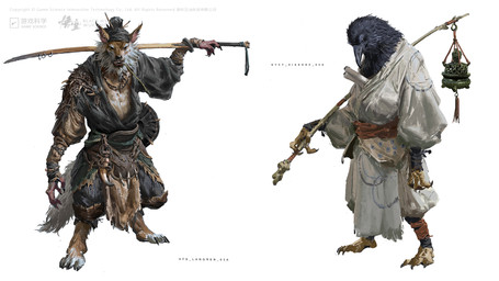 anthro beak claws clothing digitigrade duo exposed_chest kerchief male melee_weapon scroll simple_background sword weapon white_background yang_qi black_myth:_wukong avian bird canid canine canis corvid corvus_(genus) crow mammal oscine passerine wolf 16:9 concept_art hi_res official_art widescreen