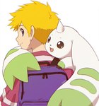 anthro backpack beady_eyes blonde_hair blue_eyes duo fur hair horn long_ears looking_back male white_body white_fur gdn0522 bandai_namco digimon willis_(digimon) digimon_(species) human mammal terriermon hi_res