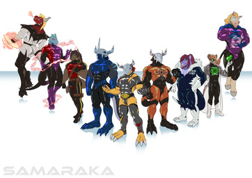 anthro armor atom bag belt blue_stripes claws clothing crest_of_courage digimon_crest electricity eyewear fire gloves glowing glowing_eyes goggles group hair handwear headgear helmet hero hooves horn ice latex male mane mane_hair multiple_poses paws pose pouches powers sam_(horse) satchel spikes stripes suit symbol tail wind nitro samaraka bandai_namco digimon mythology azzy gus kieran_(homphs) solgreymon verath wargreatmon canid canine canis digimon_(species) dragon equid equine horse mammal murid murine mythological_creature mythological_scalie rat rodent scalie wargreymon wolf 2021 absurd_res hi_res