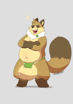 anthro balls belly big_balls bottomwear brown_body brown_fur clothing crossed_arms fur genitals huge_balls loincloth male navel neck_tuft overweight smug solo tuft chubby_blue canid canine mammal raccoon_dog tanuki absurd_res hi_res